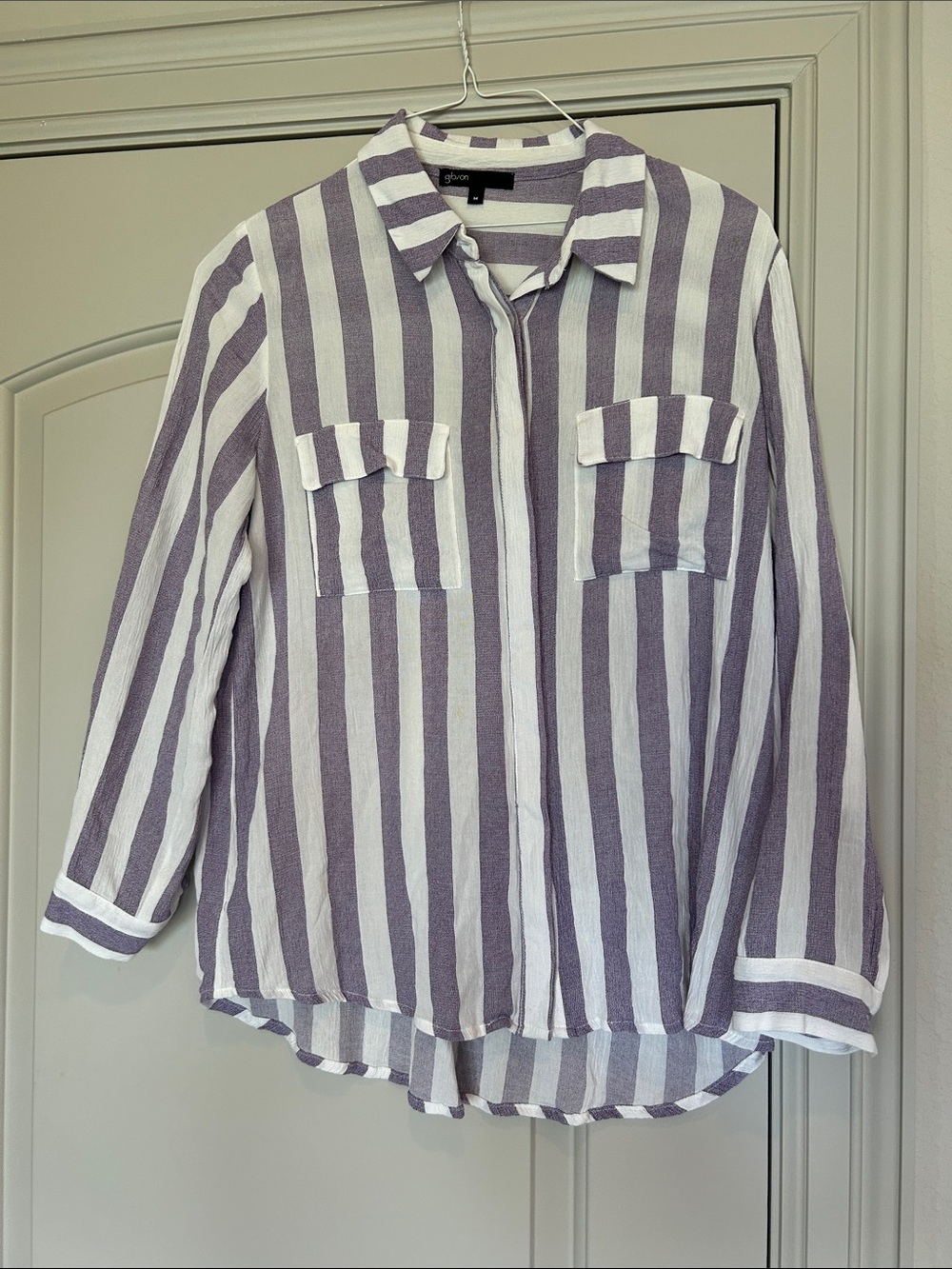 Gibson Purple/ White Stripe Rayon Long Sleeve Blouse